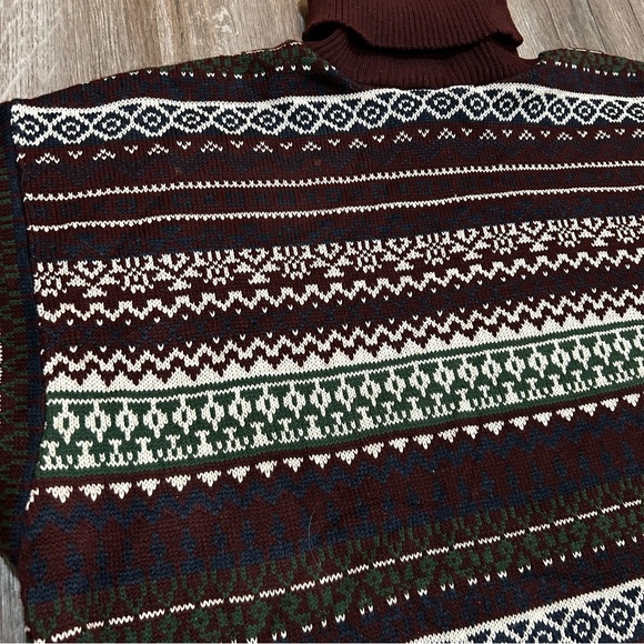 Vintage Fair Isle Turtleneck Sweater | Burgundy & Green Nordic Knit | - Picture 3 of 9